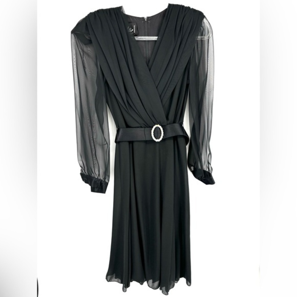 Vintage 80s Ursula Of Switzerland Black Midi Dress Size‎ 8 Rhinestone Belt Sheer